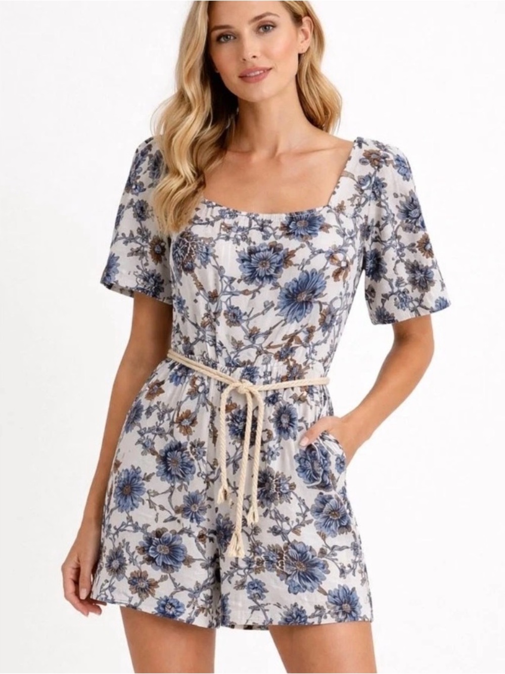 Rachel Zoe White & Blue Floral  Linen Blend Romper SIZE 12
